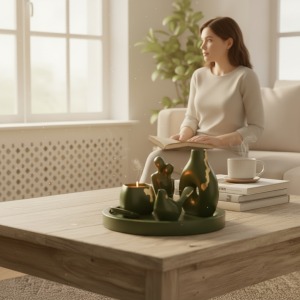 Yeşil gold varaklı beşli set( tabak,vazo, büyük sevgili figürü, kuş, kapaklı mumluk