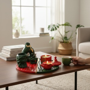 Kırmızı yeşil gold varaklı altı parça set(dalgalı tepsi,sevgili figürü, istiridye mumluk,vazo,kapaklı mumluk,kız figürlü, / mumluk saksı sükülent 