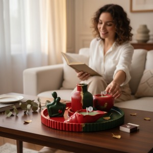  kırmızı yeşil gold varaklı beşli set (çizgili trend tabak,çizgili vazo, elma kapaklı mumluk, istiridye mumluk,sevgili figürü