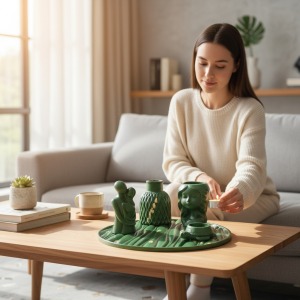 Yeşil gold varaklı beşli set(damla vazo, sevgili figürü,dalgalı tabak, kaplumbağa, kı figürü / saksı ,mumluk